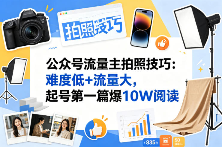 公众号流量主之拍照技巧赛道，难度低+流量大，起号第一篇就爆了10w阅读-轻创掘金社