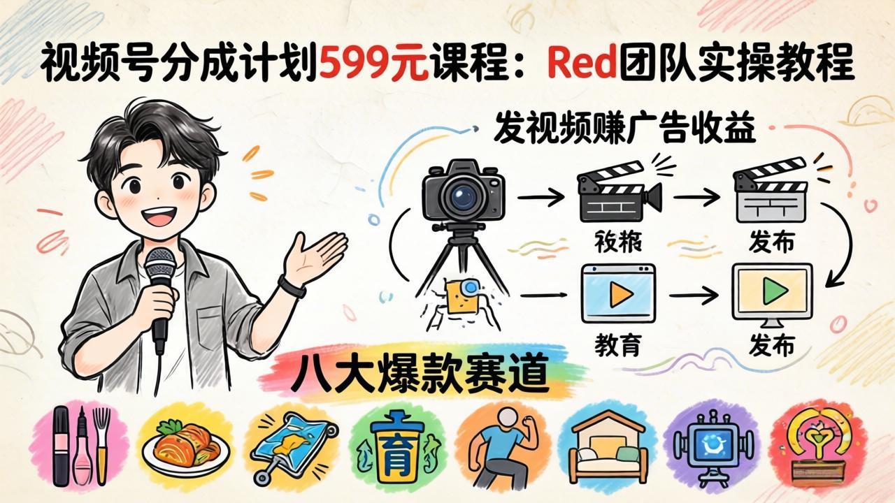 视频号分成计划599元课程：Red团队实操教程，发视频赚广告收益，八大爆款赛道全掌握-轻创掘金社