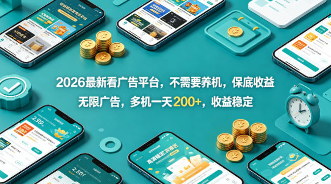 2026最新看广告平台，不需要养机，保底收益，无限广告，多机一天200+，收益稳定【揭秘】-轻创掘金社
