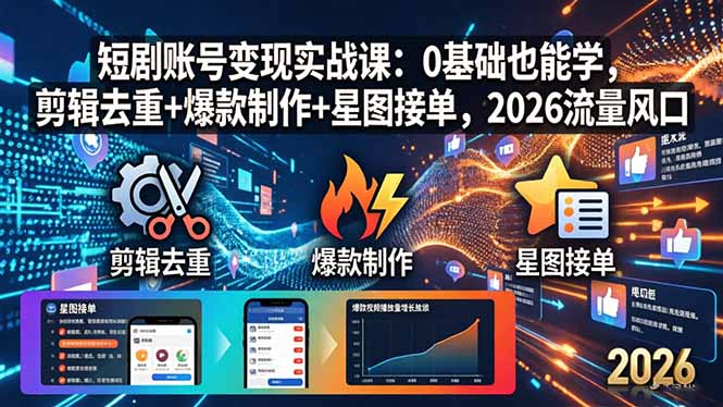 短剧账号变现实战课：0基础也能学，剪辑去重+爆款制作+星图接单，2026流量风口-轻创掘金社