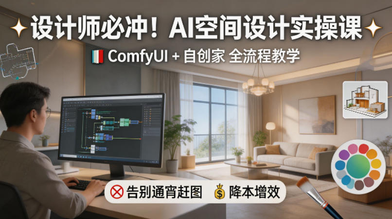 设计师必冲！AI空间设计实操课，ComfyUI+自创家全教学，告别通宵赶图，降本增效-轻创掘金社