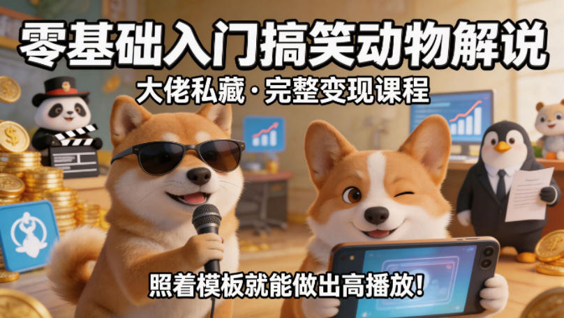 零基础入门搞笑动物解说，大佬私藏完整变现课程，照着模板就能做出高播放-轻创掘金社