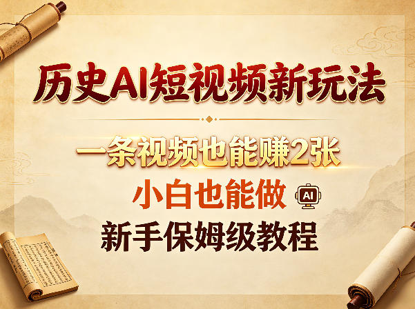 历史AI短视频新玩法，一条视频也能賺2张，小白也能做，新手保姆级教程-轻创掘金社