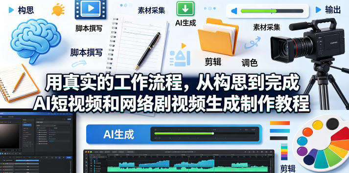用真实的工作流程，从构思到完成AI短视频和网络剧视频生成制作教程-中英字幕-轻创掘金社