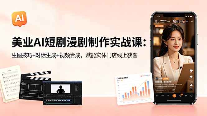 美业AI短剧漫剧制作实战课:生图技巧+对话生成+视频合成,赋能实体门店线上获客-轻创掘金社