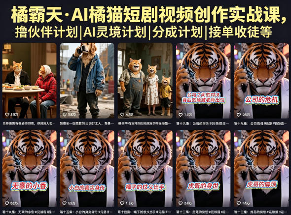 橘霸天·AI橘猫短剧视频创作实战课,撸伙伴计划|AI灵境计划|分成计划|接单收徒等-轻创掘金社