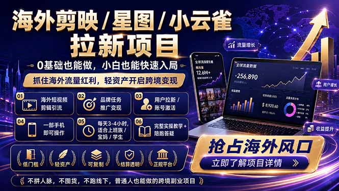 海外剪映 / 星图 / 小云雀拉新项目 普通人也能上手的跨境流量变现副业-轻创掘金社