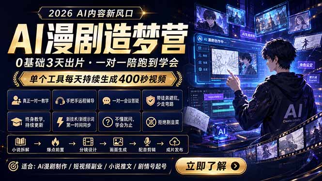 AI漫剧造梦营:0基础3天出片,单个工具每天持续生成400秒视频-轻创掘金社