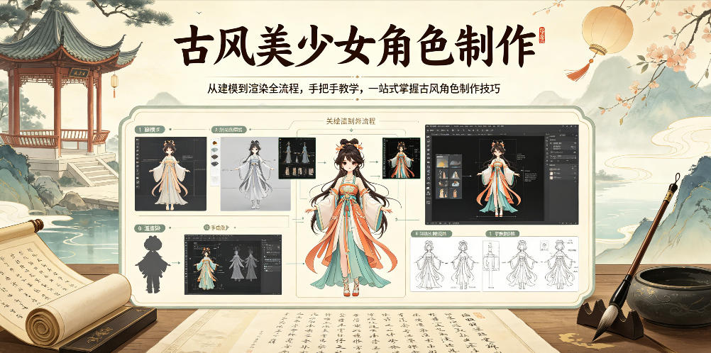 古风美少女角色制作，从建模到渲染全流程，手把手教学，一站式掌握古风角色制作技巧-轻创掘金社