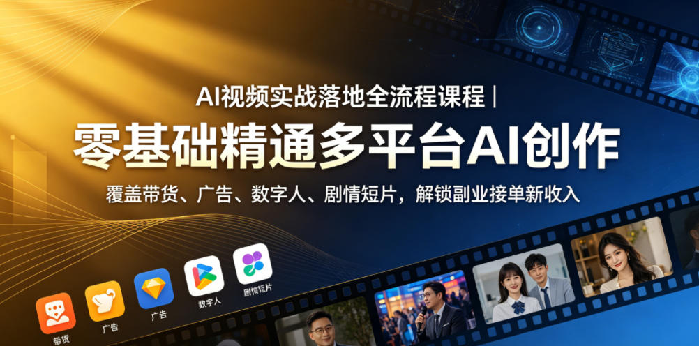 AI视频实战落地全流程课程｜零基础精通多平台AI创作，覆盖带货、广告、数字人、剧情短片，解锁副业接单新收入-轻创掘金社