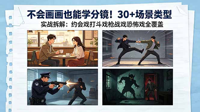 不会画画也能学分镜！30+场景类型实战拆解：约会戏打斗戏枪战戏恐怖戏全覆盖-轻创掘金社