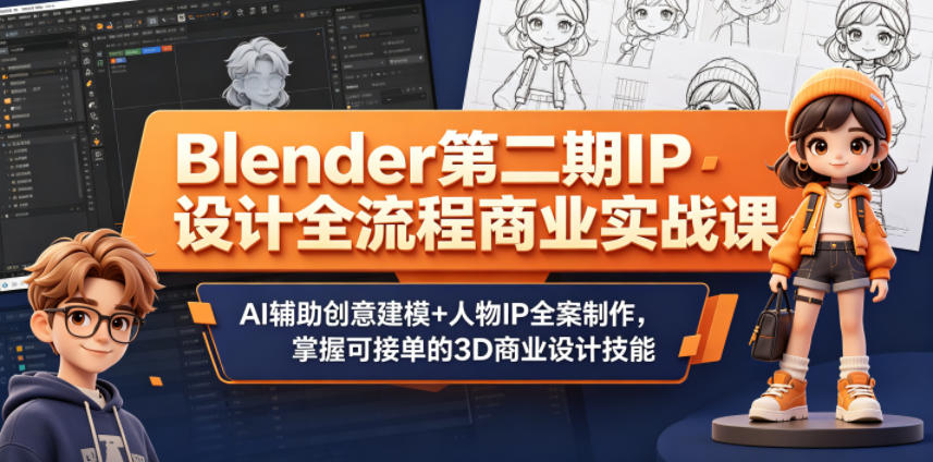 Blender第二期IP设计全流程商业实战课，AI辅助创意建模+人物IP全案制作，掌握可接单的3D商业设计技能-轻创掘金社