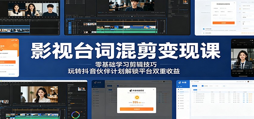 影视台词混剪变现课：零基础学习剪辑技巧，玩转抖音伙伴计划解锁平台双重收益-轻创掘金社