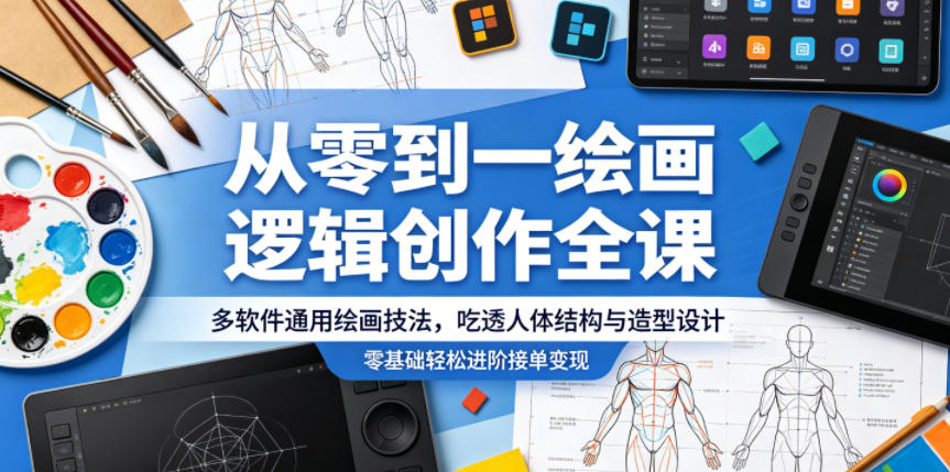 从零到一绘画逻辑创作全课，多软件通用绘画技法，吃透人体结构与造型设计，零基础轻松进阶接单变现-轻创掘金社