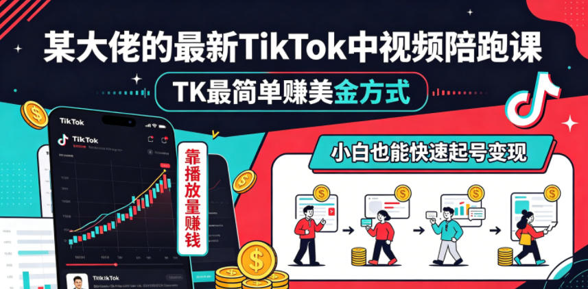 某大佬的最新TikTok中视频陪跑课，TK最简单賺美金方式，靠播放量賺钱，小白也能快速起号变现-轻创掘金社