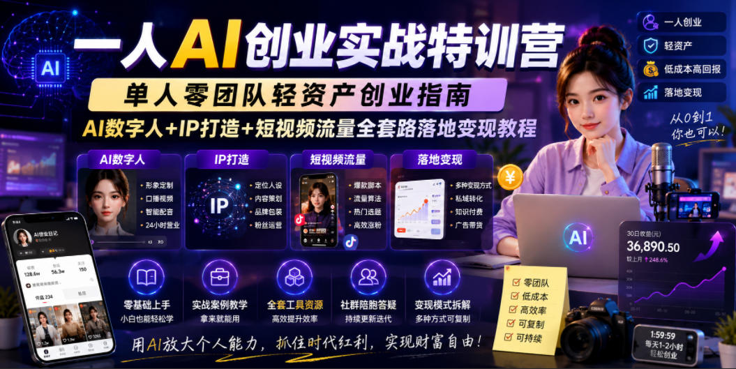 一人AI创业实战特训营,单人零团队轻资产创业指南,AI数字人+IP打造+短视频流量全套路落地变现教程-轻创掘金社